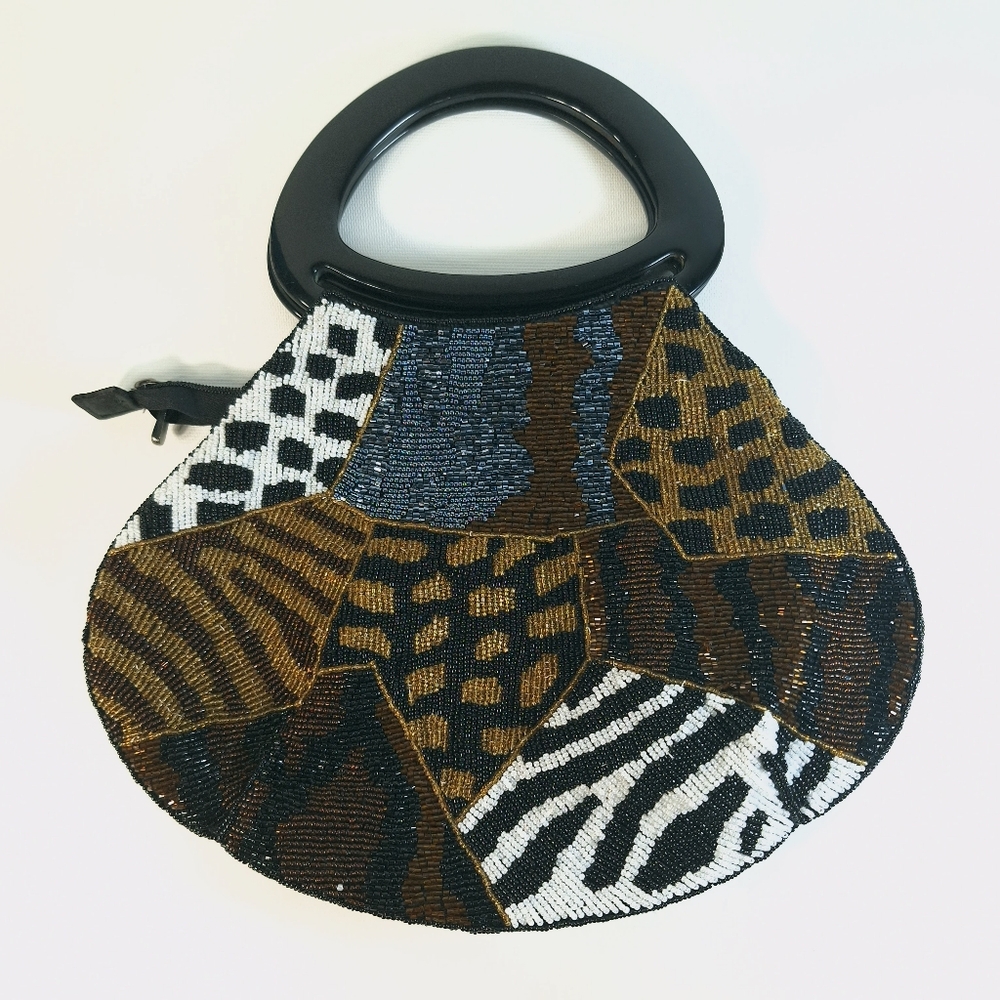 Vintage Animal Print Art Deco Multi Color Beaded Handbag Purse